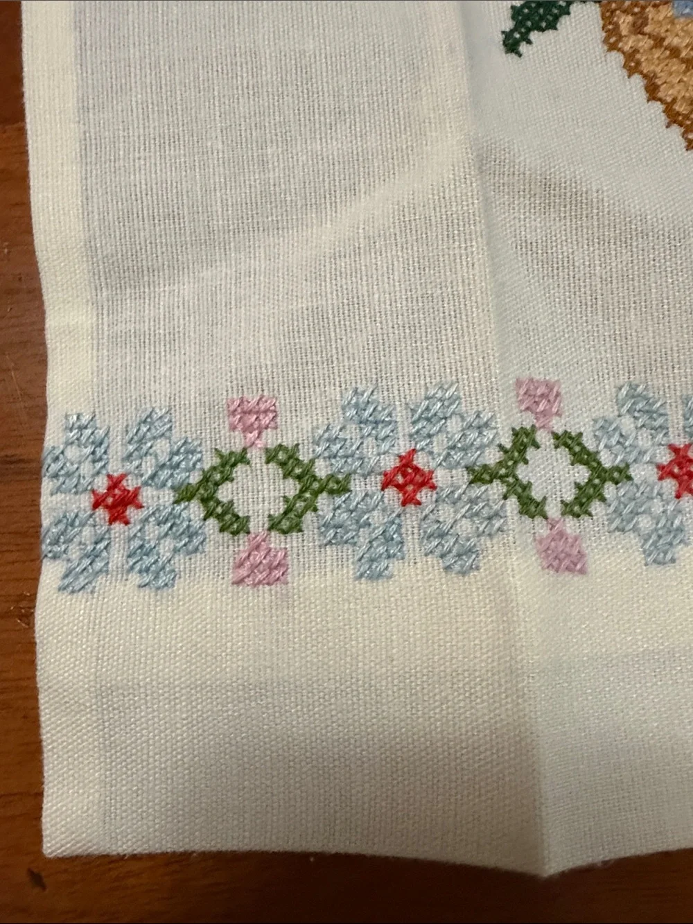 Vintage Linen Towels - Cross Stitch Flower Basket- Set/2 - Pink & Blue